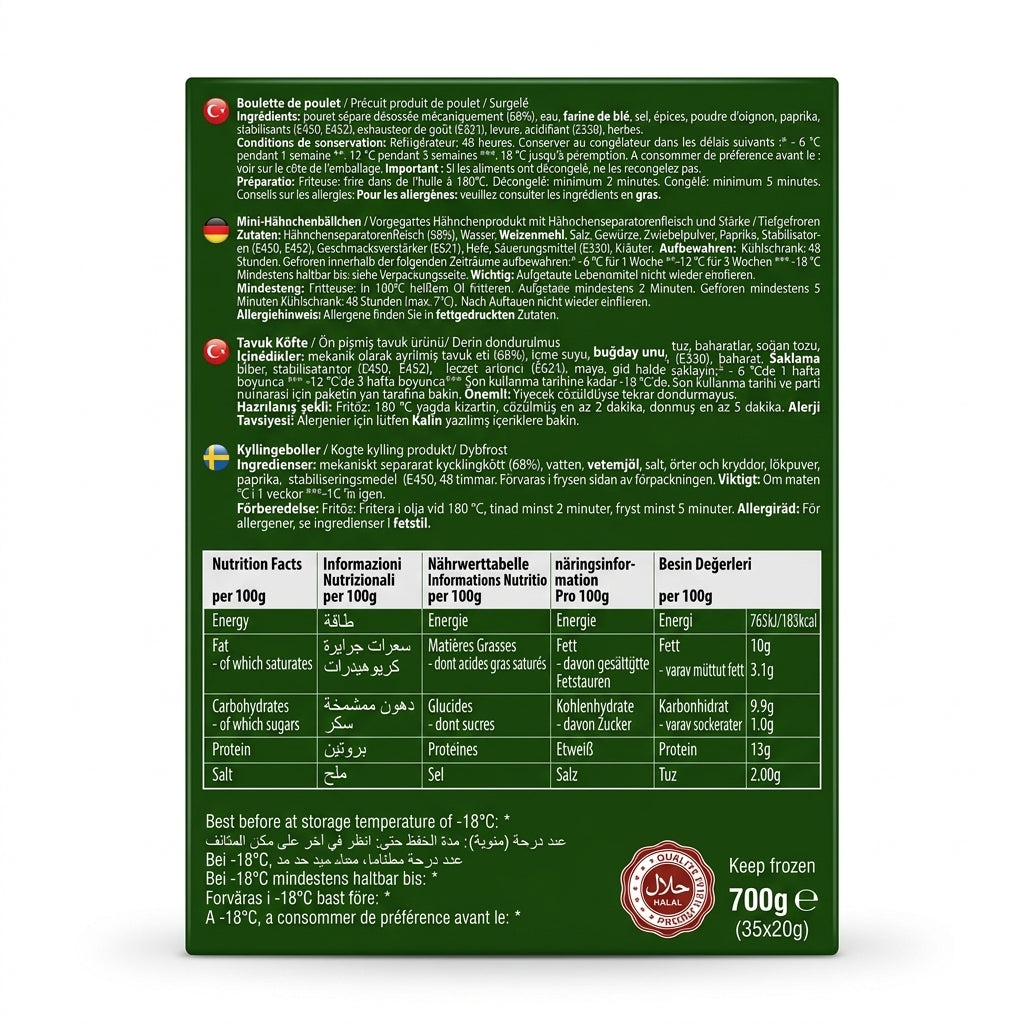Zaad Frozen Chicken Meat Balls by Zaad Frozen — back view showing ingredients and product details, studio product photo on white background