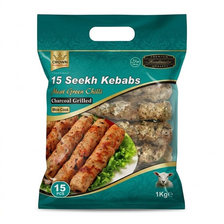 Crown Frozen Meat Green Chilli Seekh Kebab by Crown Frozen — front view showing product label and branding, studio product photo on white background