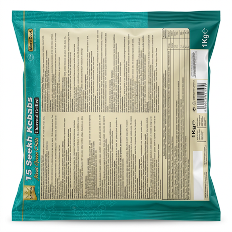 Crown Frozen Meat Green Chilli Seekh Kebab by Crown Frozen — back view showing ingredients and product details, studio product photo on white background