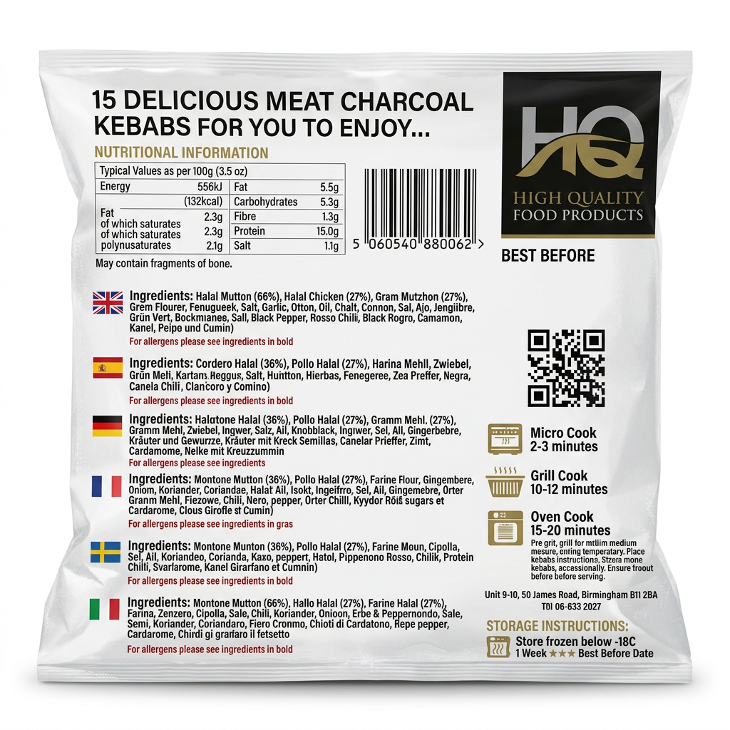 HQ Frozen Meat Charcoal Kebab by HQ Frozen — back view showing ingredients and product details, studio product photo on white background