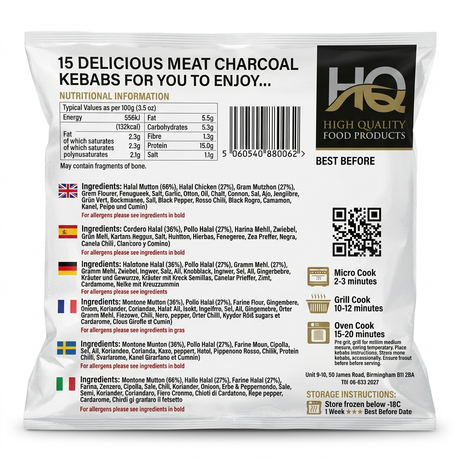 HQ Frozen Meat Charcoal Kebab by HQ Frozen — back view showing ingredients and product details, studio product photo on white background