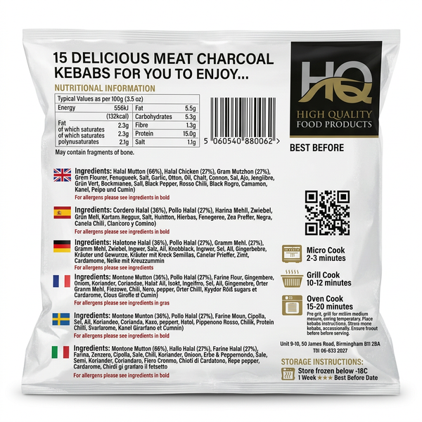HQ Frozen Meat Charcoal Kebab by HQ Frozen — back view showing ingredients and product details, studio product photo on white background