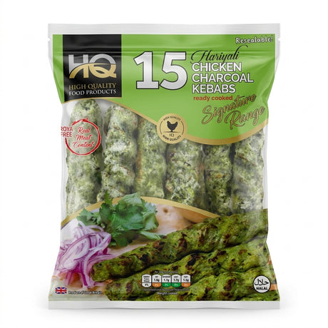 HQ Frozen Hariyali Chicken Charcoal Kebab by HQ Frozen — front view showing product label and branding, studio product photo on white background
