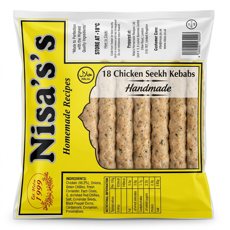 Nisa's Frozen Chicken Sheekh Kebabs by Nisa's Frozen — front view showing product label and branding, studio product photo on white background