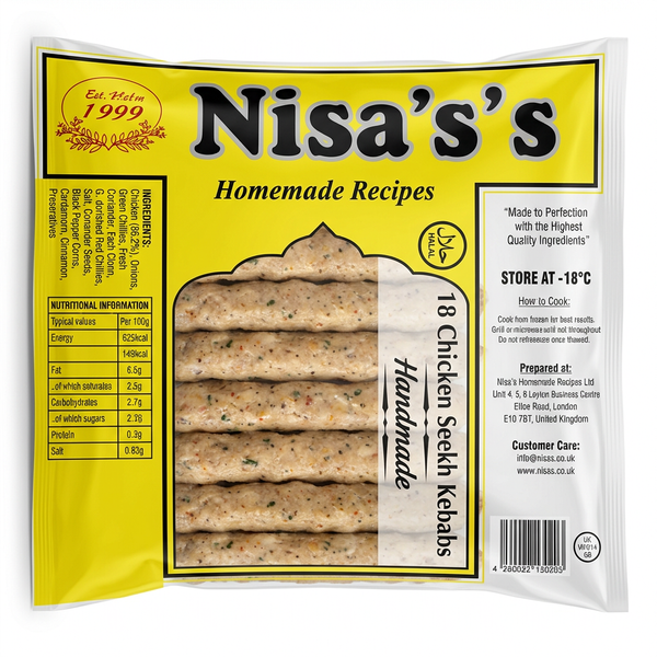Nisa's Frozen Chicken Sheekh Kebabs by Nisa's Frozen — front view showing product label and branding, studio product photo on white background