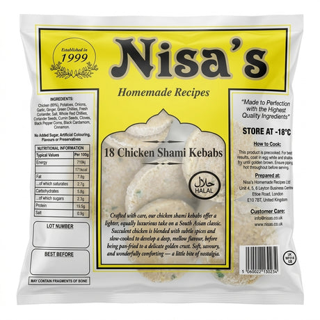 Nisa's Frozen Chicken Shami Kebabs by Nisa's Frozen — back view showing ingredients and product details, studio product photo on white background
