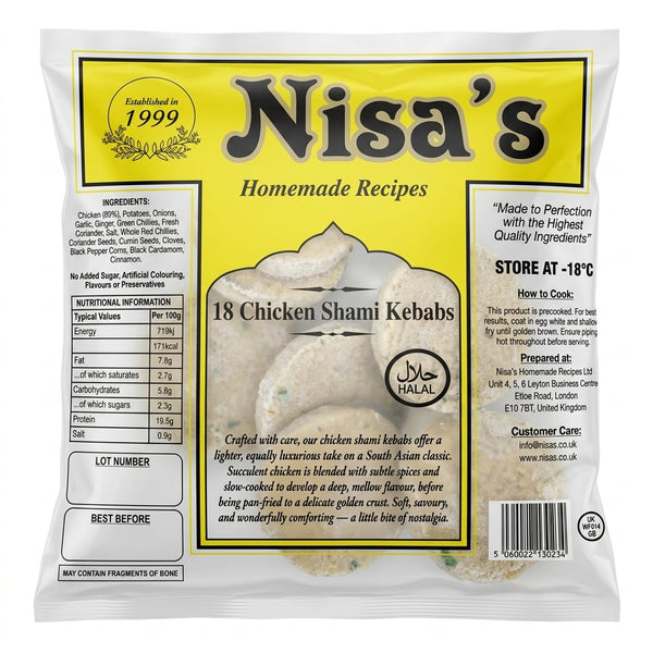 Nisa's Frozen Chicken Shami Kebabs by Nisa's Frozen — back view showing ingredients and product details, studio product photo on white background