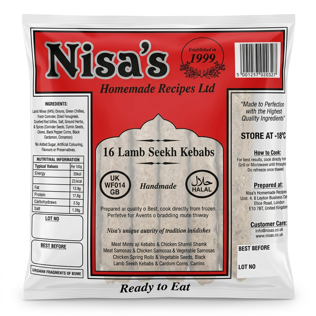 Nisa's Frozen Lamb Seekh Kebabs by Nisa's Frozen — front view showing product label and branding, studio product photo on white background