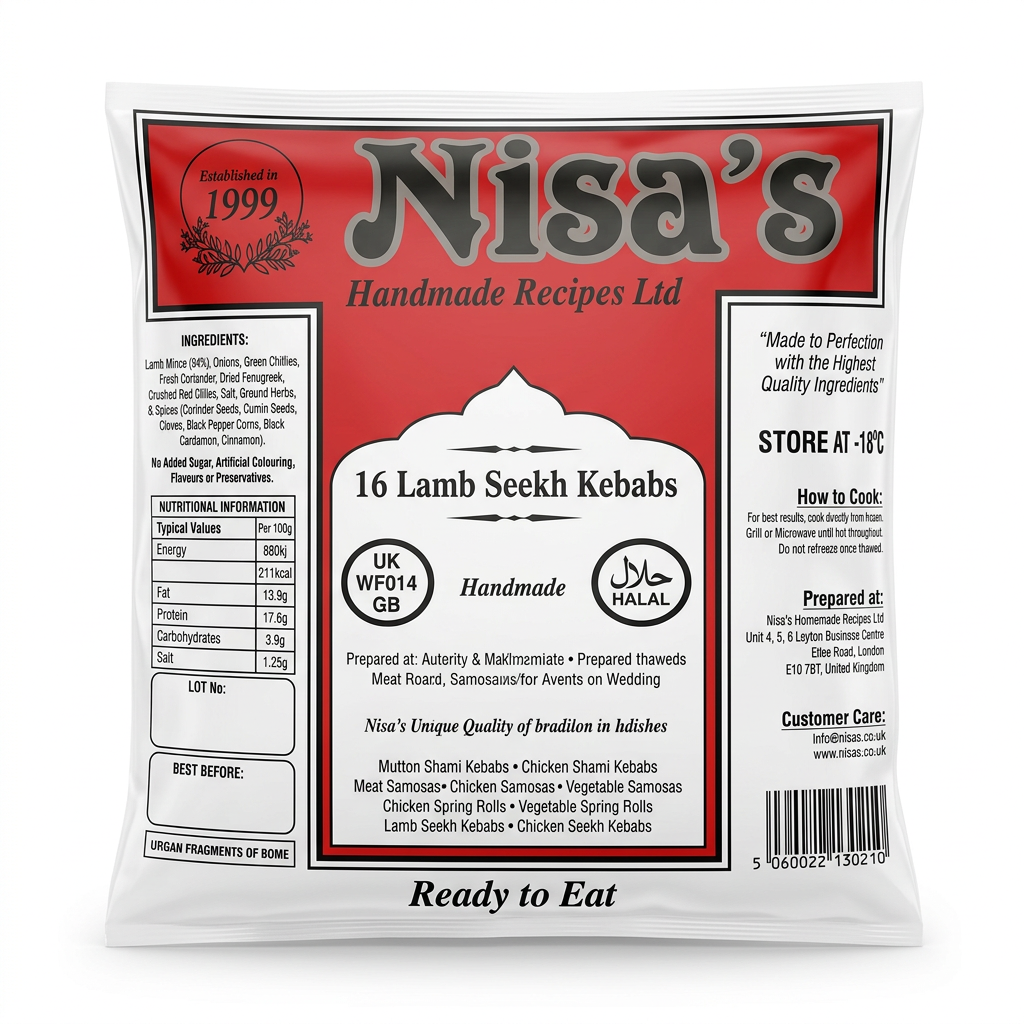 Nisa's Frozen Lamb Seekh Kebabs by Nisa's Frozen — back view showing ingredients and product details, studio product photo on white background