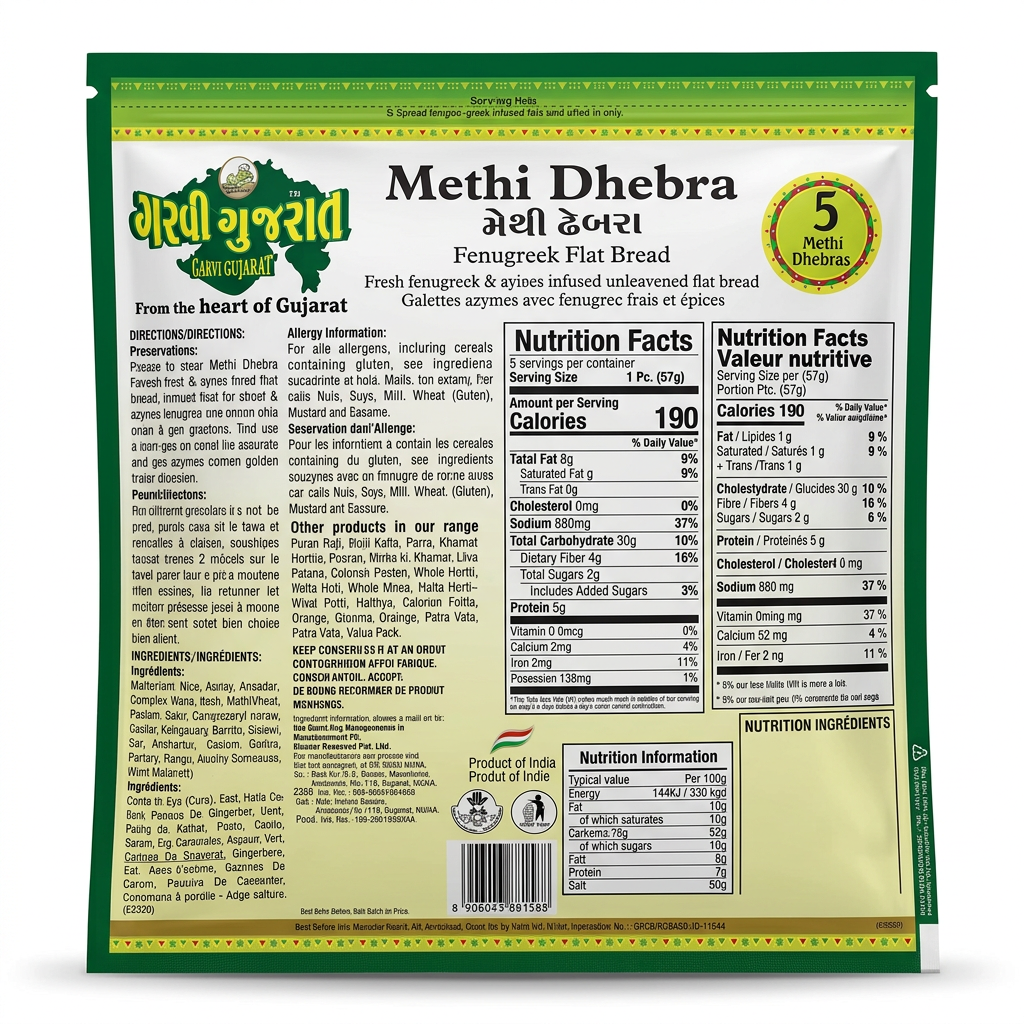 Garvi Gujarat Frozen Methi Dhebra by Garvi Gujarat Frozen — back view showing ingredients and product details, studio product photo on white background