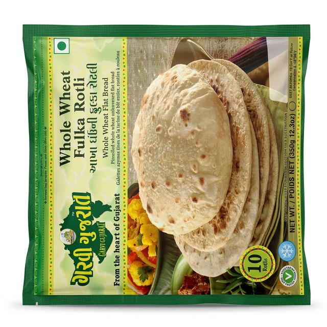 Garvi Gujarat Whole Wheat Fulka Rotli by Garvi Gujarat Frozen — front view showing product label and branding, studio product photo on white background