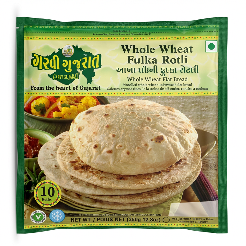 Garvi Gujarat Whole Wheat Fulka Rotli by Garvi Gujarat Frozen — front view showing product label and branding, studio product photo on white background
