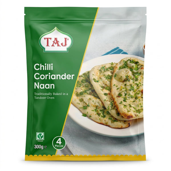 Taj Frozen Chilli And Coriander Naan by Taj Frozen — front view showing product label and branding, studio product photo on white background