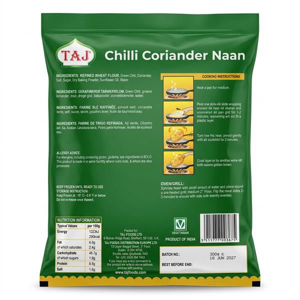 Taj Frozen Chilli And Coriander Naan by Taj Frozen — back view showing ingredients and product details, studio product photo on white background