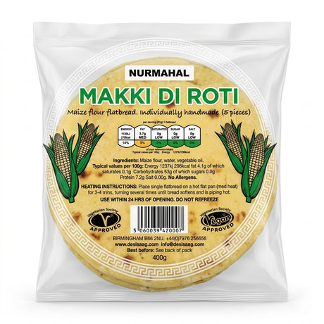 Nurmahal Frozen Makai Roti by Nurmahal Frozen — back view showing ingredients and product details, studio product photo on white background