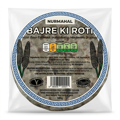 Nurmahal Frozen Bajra Roti by Nurmahal Frozen — back view showing ingredients and product details, studio product photo on white background