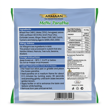 Armaan Frozen Methi Paratha by Armaan Frozen — back view showing ingredients and product details, studio product photo on white background