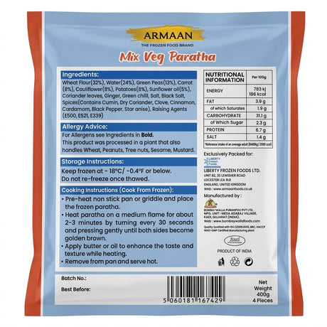 Armaan Frozen Mix Veg Paratha by Armaan Frozen — back view showing ingredients and product details, studio product photo on white background