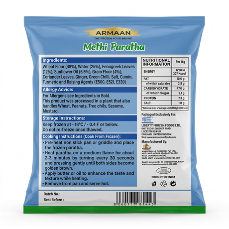 Armaan Frozen Methi Paratha by Armaan Frozen — back view showing ingredients and product details, studio product photo on white background