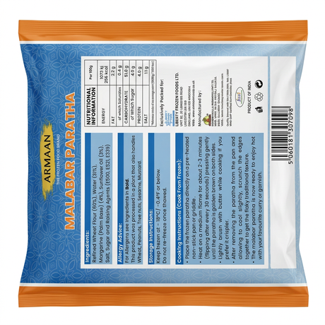 Armaan Frozen Malabari Paratha by Armaan Frozen — back view showing ingredients and product details, studio product photo on white background