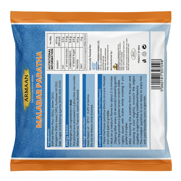 Armaan Frozen Malabari Paratha by Armaan Frozen — back view showing ingredients and product details, studio product photo on white background