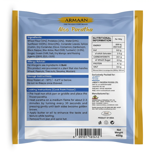 Armaan Frozen Aloo Paratha by Armaan Frozen — back view showing ingredients and product details, studio product photo on white background