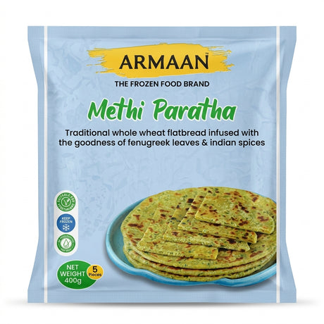 Armaan Frozen Methi Paratha by Armaan Frozen — front view showing product label and branding, studio product photo on white background