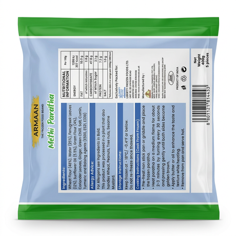 Armaan Frozen Methi Paratha by Armaan Frozen — back view showing ingredients and product details, studio product photo on white background