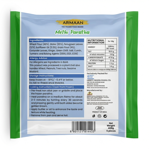 Armaan Frozen Methi Paratha by Armaan Frozen — back view showing ingredients and product details, studio product photo on white background