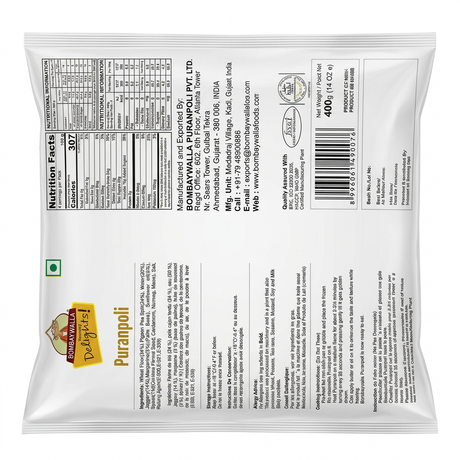 Bombaywalla Frozen Puran Poli by Bombaywalla Frozen — back view showing ingredients and product details, studio product photo on white background