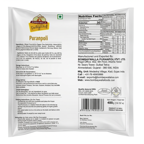 Bombaywalla Frozen Puran Poli by Bombaywalla Frozen — back view showing ingredients and product details, studio product photo on white background