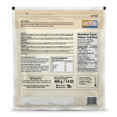 Ashoka Methi Paratha by Ashoka Frozen — back view showing ingredients and product details, studio product photo on white background