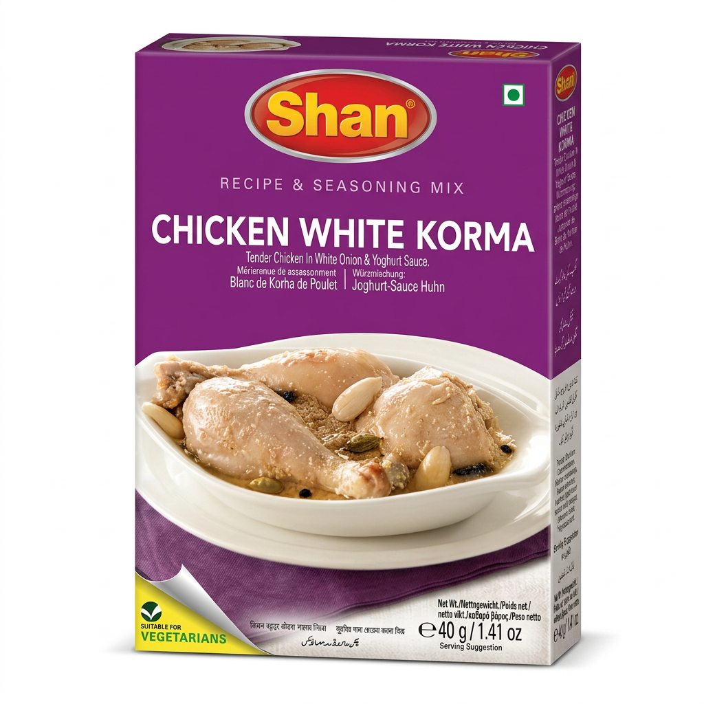 Shan White Korma Chicken Masala Mix by Shan Ground Spices — front view showing product label and branding, studio product photo on white background