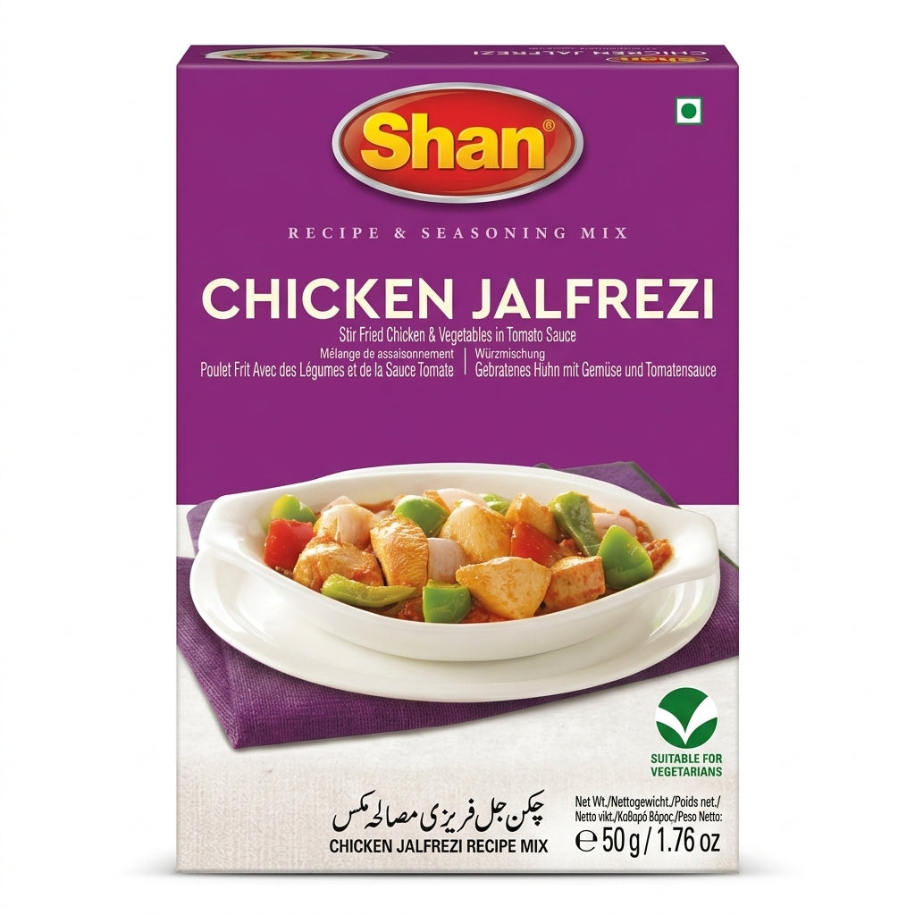 Shan Chicken Jalfrazi Spice Mix by Shan Ground Spices — front view showing product label and branding, studio product photo on white background