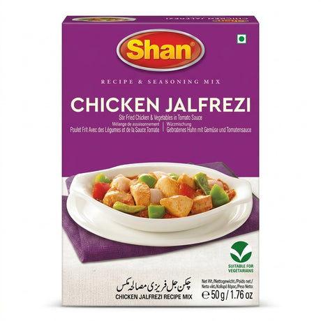 Shan Chicken Jalfrazi Spice Mix by Shan Ground Spices — front view showing product label and branding, studio product photo on white background