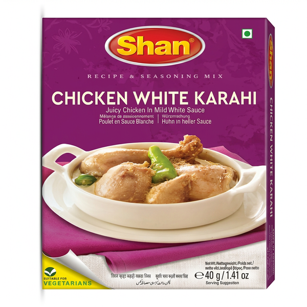Shan White Karahi Chicken Masala Mix by Shan Ground Spices — front view showing product label and branding, studio product photo on white background