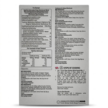 Shan White Karahi Chicken Masala Mix by Shan Ground Spices — back view showing ingredients and product details, studio product photo on white background
