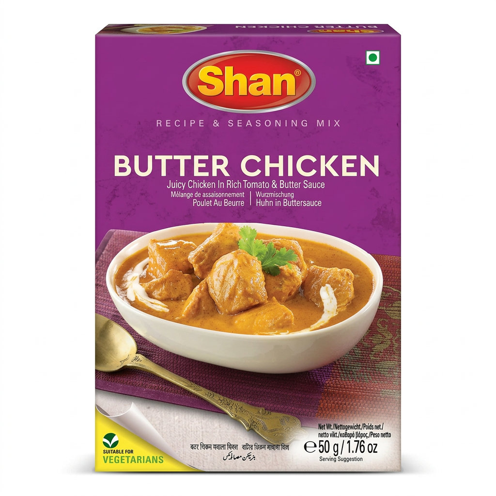 Shan Butter Chicken Masala Mix by Shan Ground Spices — front view showing product label and branding, studio product photo on white background