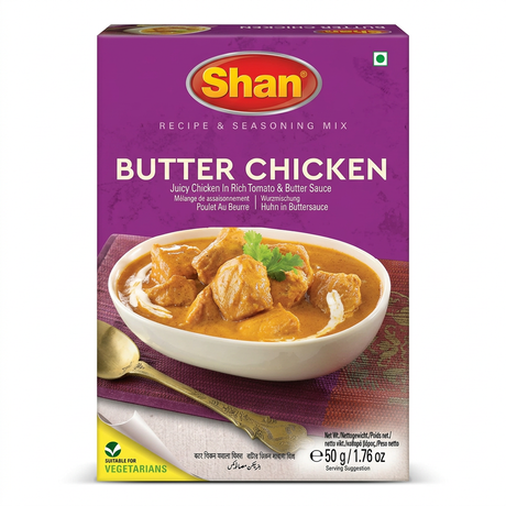 Shan Butter Chicken Masala Mix by Shan Ground Spices — front view showing product label and branding, studio product photo on white background