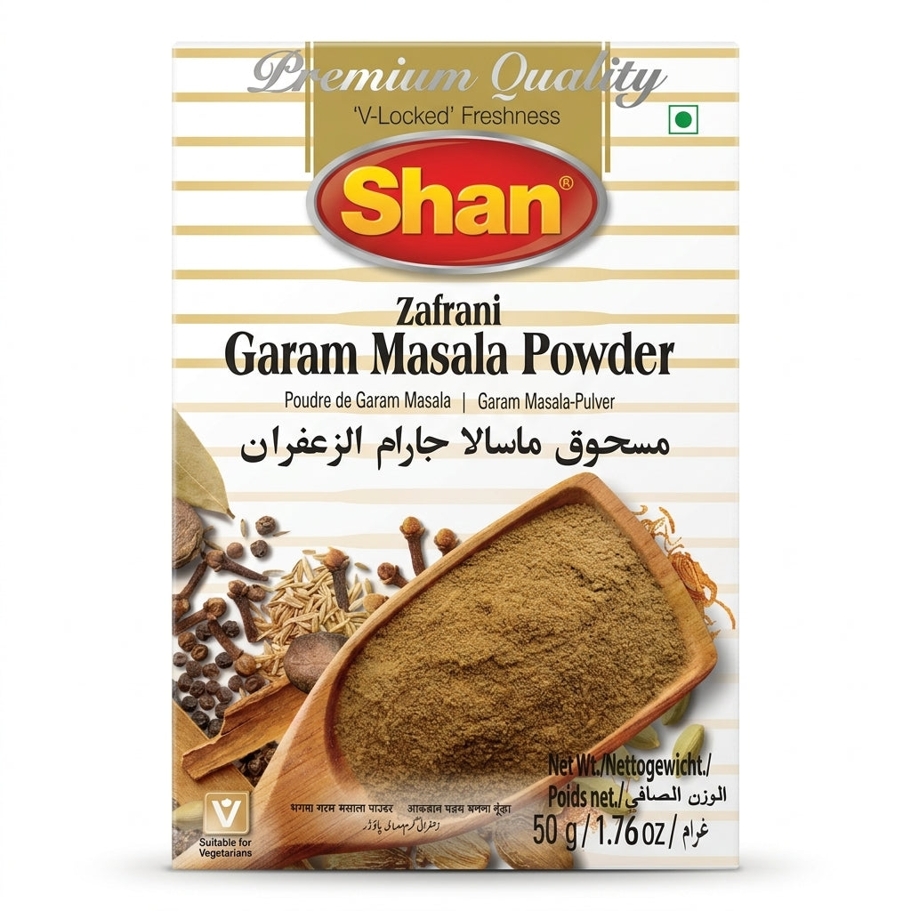 Shan Garam Masala Powder ( Zafrani) by Shan Ground Spices — front view showing product label and branding, studio product photo on white background