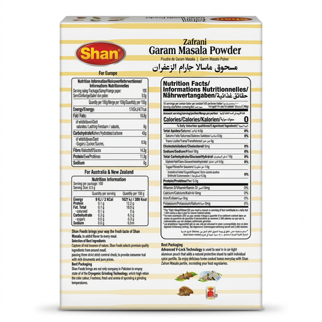 Shan Garam Masala Powder ( Zafrani) by Shan Ground Spices — back view showing ingredients and product details, studio product photo on white background