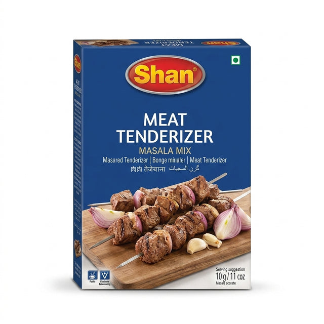 Shan Meat Tenderizer Masala Mix by Shan Ground Spices — front view showing product label and branding, studio product photo on white background