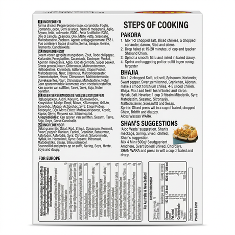 Shan Pakora Bhajiya Recipe Mix by Shan Ground Spices — back view showing ingredients and product details, studio product photo on white background