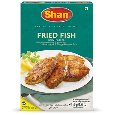 Shan Fried Fish Masala Mix by Shan Ground Spices — front view showing product label and branding, studio product photo on white background
