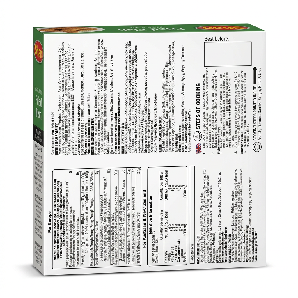 Shan Fried Fish Masala Mix by Shan Ground Spices — back view showing ingredients and product details, studio product photo on white background