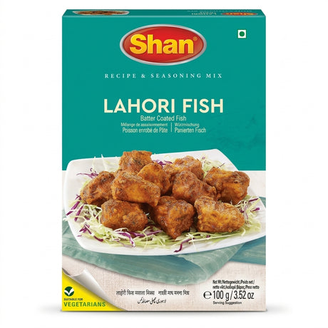 Shan Lahori Fish Masala Mix by Shan Ground Spices — front view showing product label and branding, studio product photo on white background