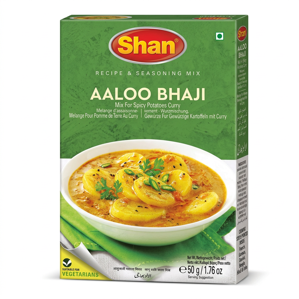 Shan Aloo Bhaji Masala Mix by Shan Ground Spices — front view showing product label and branding, studio product photo on white background