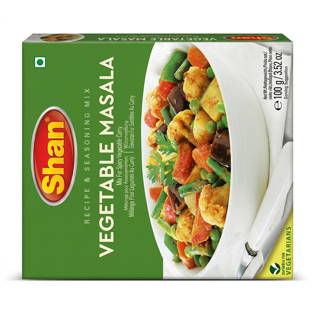 Shan Vegetable Curry Masala Mix by Shan Ground Spices — front view showing product label and branding, studio product photo on white background