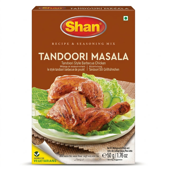 Shan Tandoori Chicken Masala Mix by Shan Ground Spices — front view showing product label and branding, studio product photo on white background