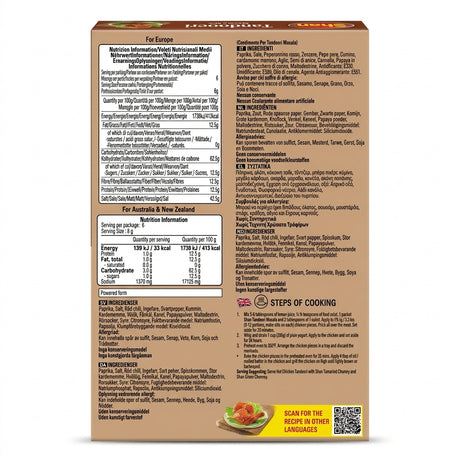 Shan Tandoori Chicken Masala Mix by Shan Ground Spices — back view showing ingredients and product details, studio product photo on white background